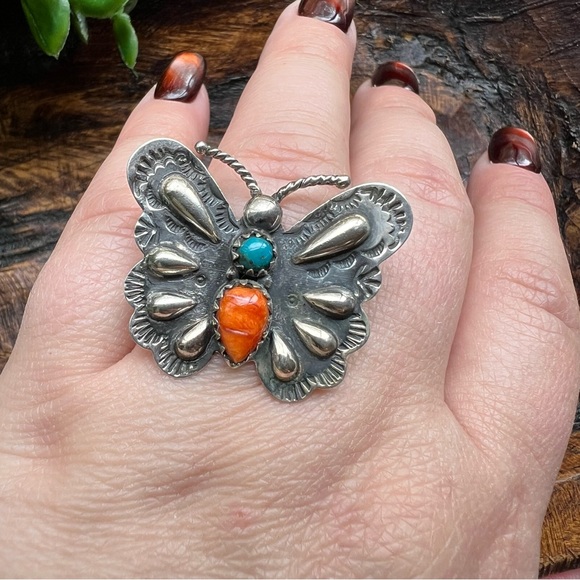 Spiny Oyster & Turquoise Butterfly Statement Ring | 925 Sterling | Size 8 - Picture 6 of 13